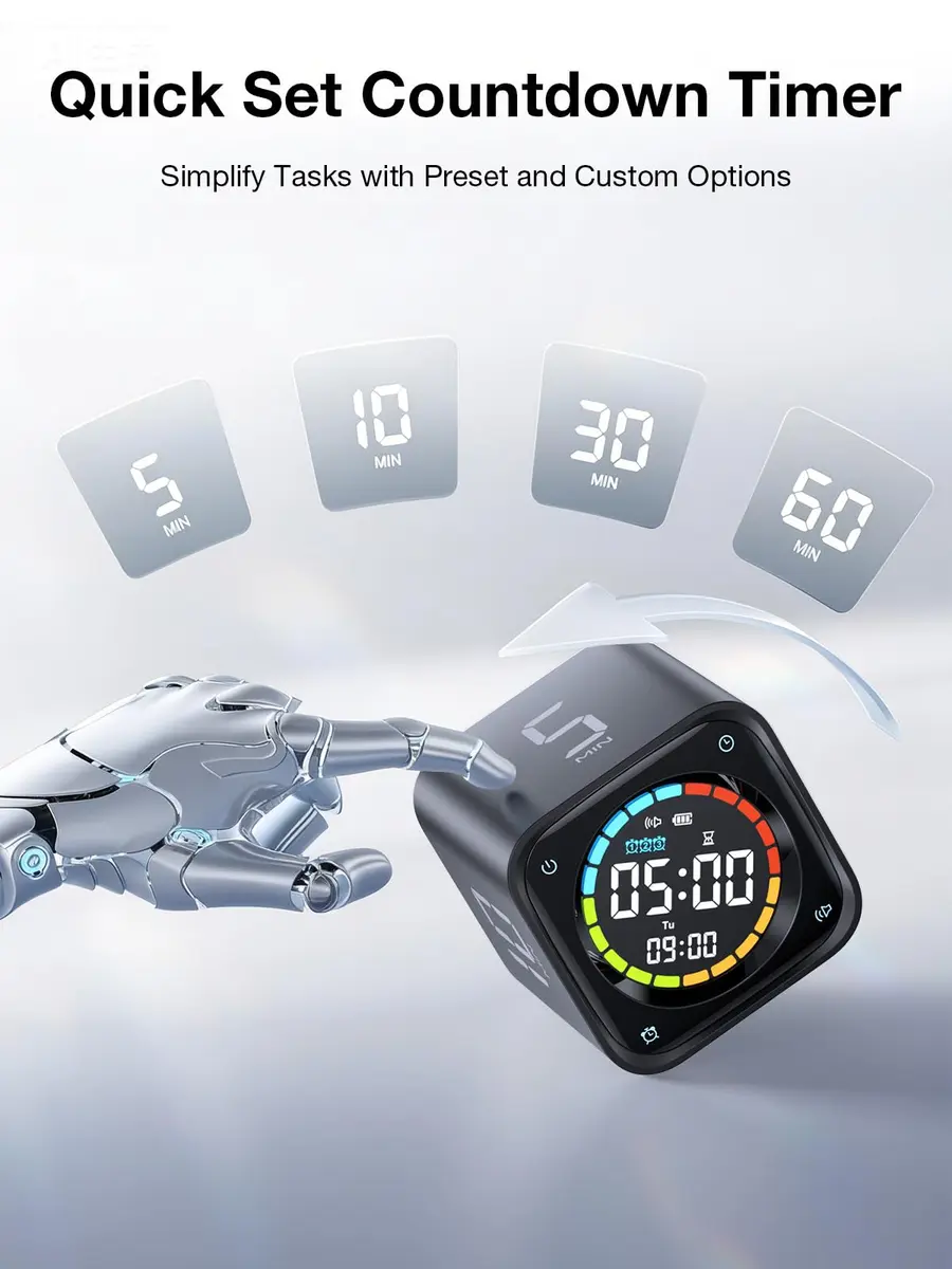Ticktime TK3 Pomodoro Timer Cube | 25/5 Min Presets, Custom Countdown, Silent Alarm, Retro Desk Clock, Black - view 3