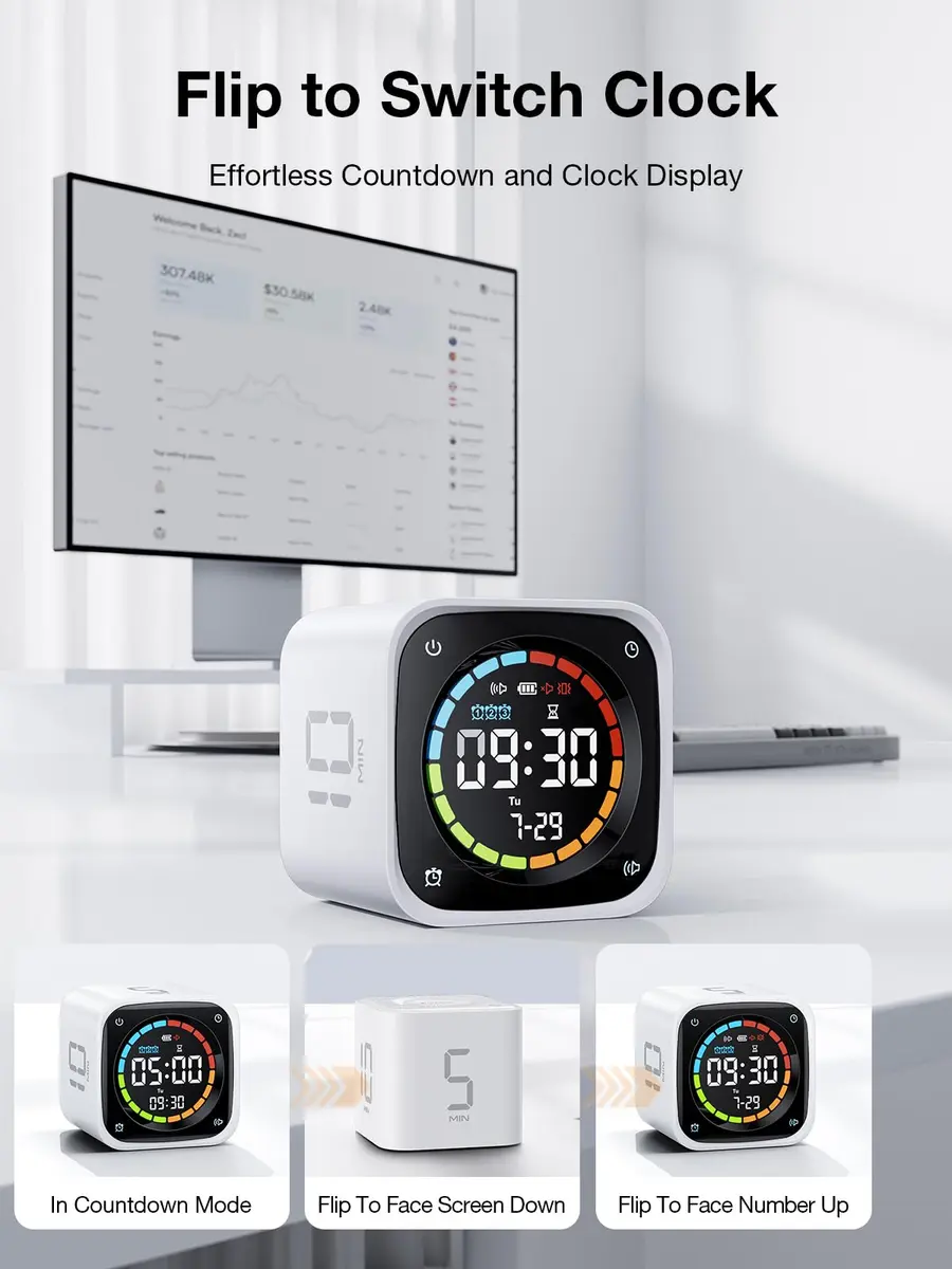 Ticktime White Timer Cube | 25/5 Min Pomodoro & Clock, Silent & Vibrate, Desk Timer for Study & Kitchen - view 5