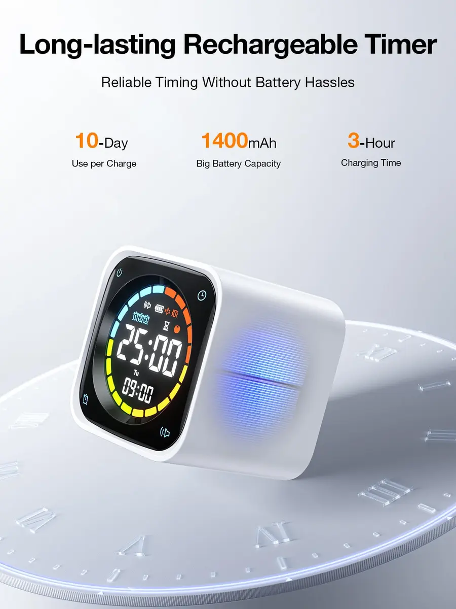 Ticktime White Timer Cube | 25/5 Min Pomodoro & Clock, Silent & Vibrate, Desk Timer for Study & Kitchen - view 7