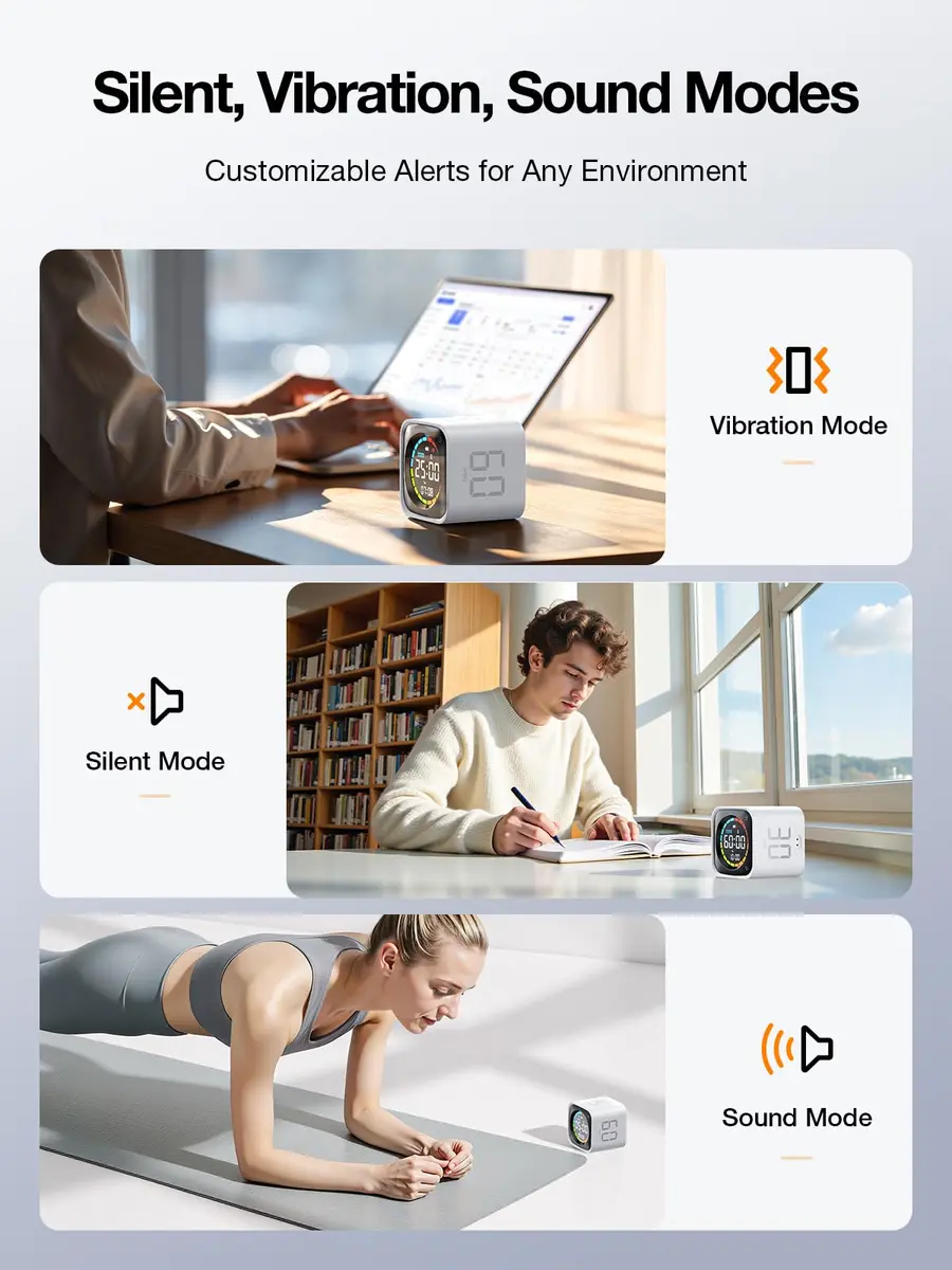 Ticktime White Timer Cube | 25/5 Min Pomodoro & Clock, Silent & Vibrate, Desk Timer for Study & Kitchen - view 8