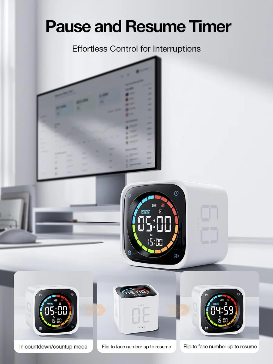 Ticktime White Timer Cube | 25/5 Min Pomodoro & Clock, Silent & Vibrate, Desk Timer for Study & Kitchen - view 9