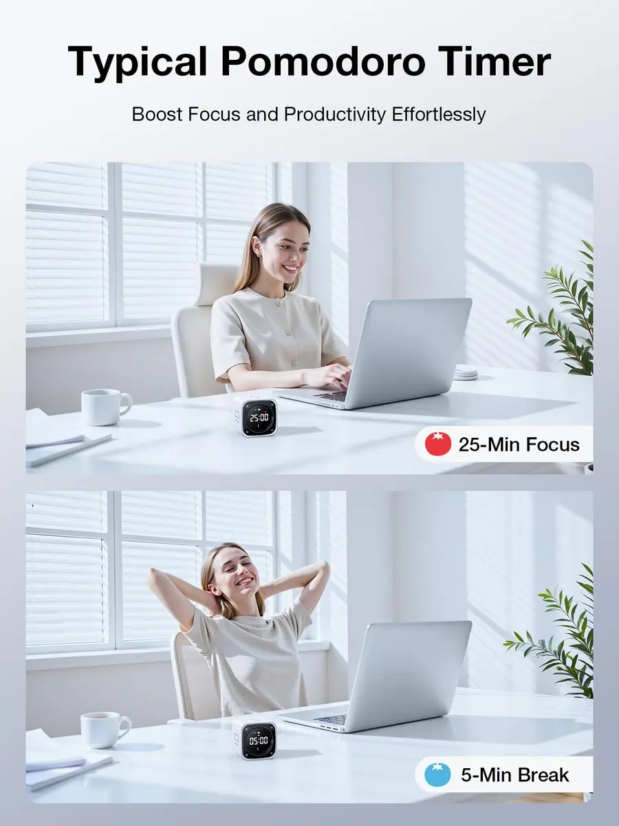 Ticktime White Timer Cube | 25/5 Min Pomodoro & Clock, Silent & Vibrate, Desk Timer for Study & Kitchen - view 2