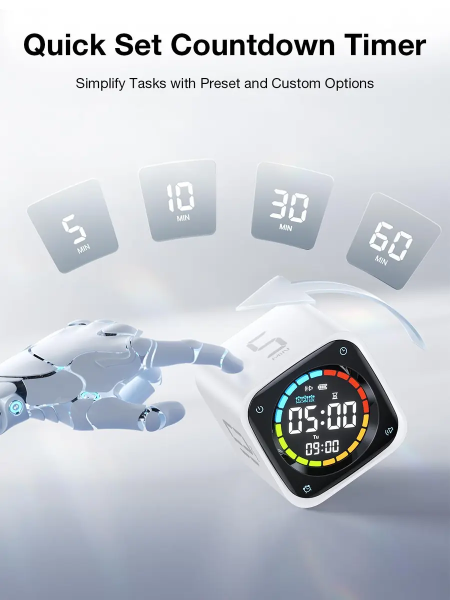 Ticktime White Timer Cube | 25/5 Min Pomodoro & Clock, Silent & Vibrate, Desk Timer for Study & Kitchen - view 3