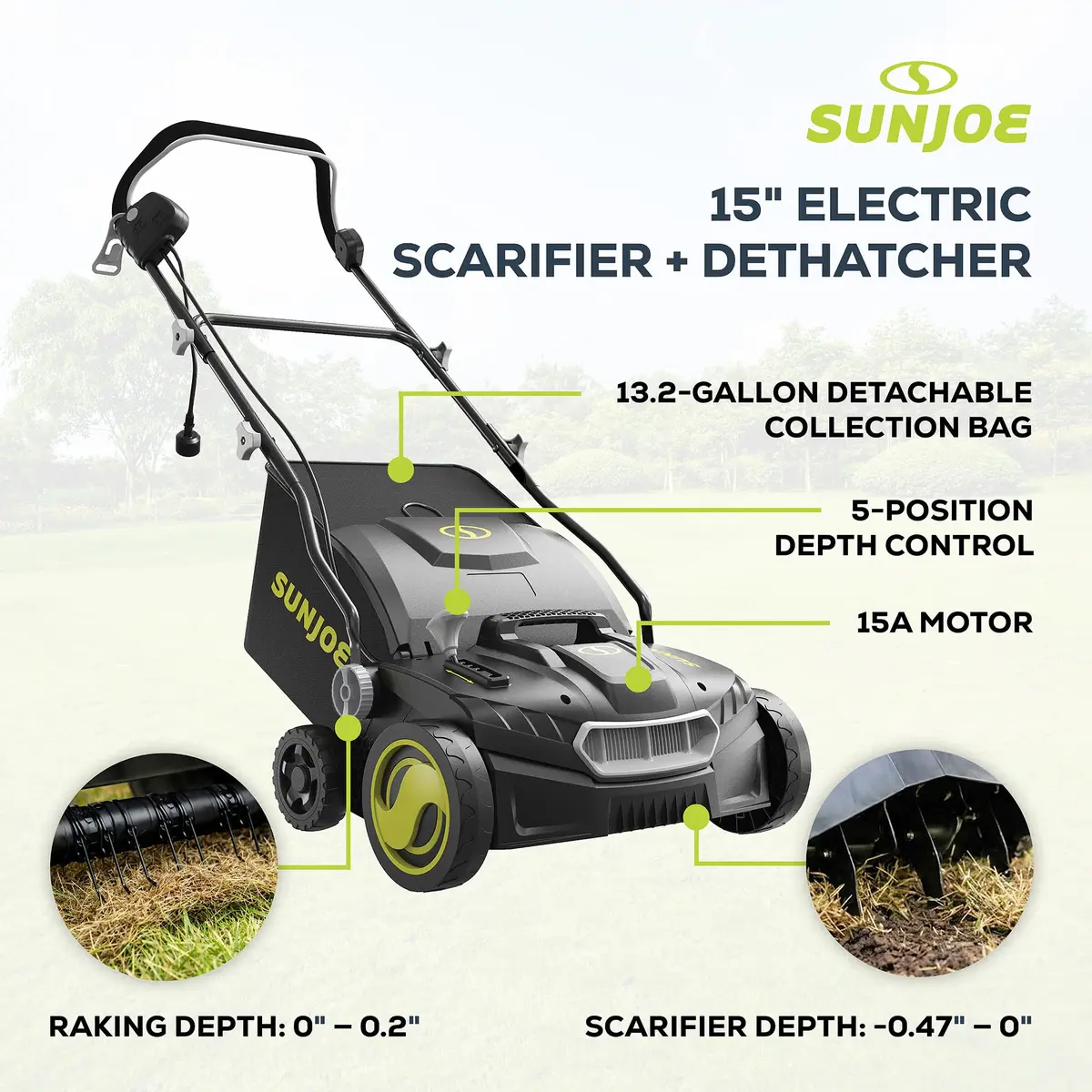 Sun Joe Corded Dethatcher & Scarifier with 13.2-Gal Bag | 15-Inch, 15-Amp Heavy-Duty Lawn Care - view 3