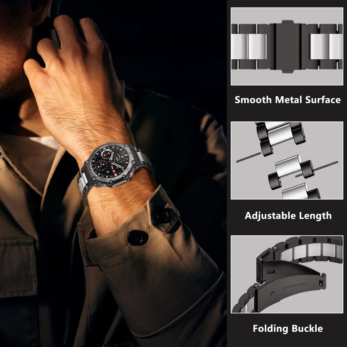 CeiLarv Metal Watch Band for Amazfit T-Rex 3 | Stainless Steel, Polished Finish, Adjustable Fit - view 2