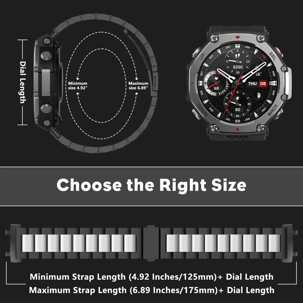 CeiLarv Metal Watch Band for Amazfit T-Rex 3 | Stainless Steel, Polished Finish, Adjustable Fit - view 4
