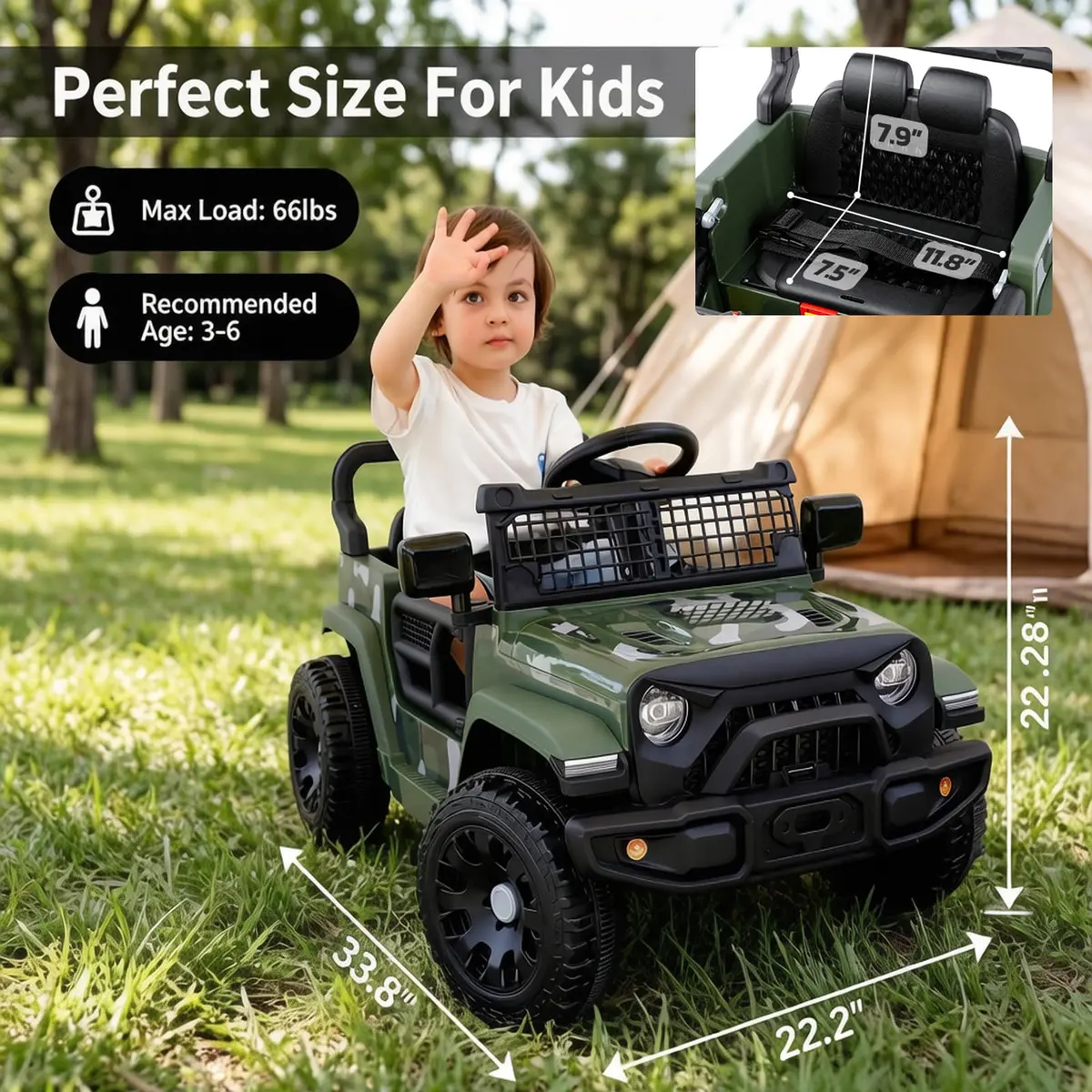 ELEMARA Ride On Car, Bluetooth Ride on Toys for Toddlers, 12V Kids Battery Powered Vehicles w/Remote, 3.5 mph Motorized Off-Road Truck, LED Lights- Green - view 2