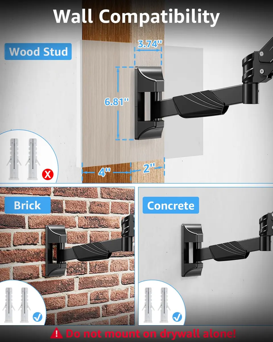 MOUNTUP Heavy Duty Monitor Wall Mount for 22-43 Inch Curved Screens | Supports 2.2-33.1 lbs, VESA 75x75 to 200x200 mm, Black - view 6