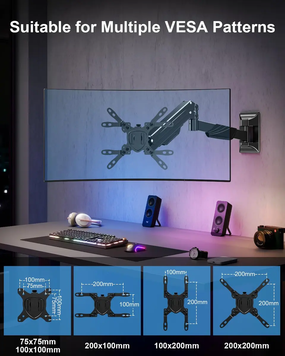 MOUNTUP Heavy Duty Monitor Wall Mount for 22-43 Inch Curved Screens | Supports 2.2-33.1 lbs, VESA 75x75 to 200x200 mm, Black - view 7