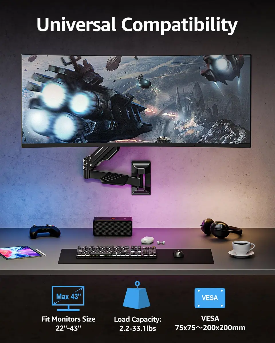 MOUNTUP Heavy Duty Monitor Wall Mount for 22-43 Inch Curved Screens | Supports 2.2-33.1 lbs, VESA 75x75 to 200x200 mm, Black - view 2