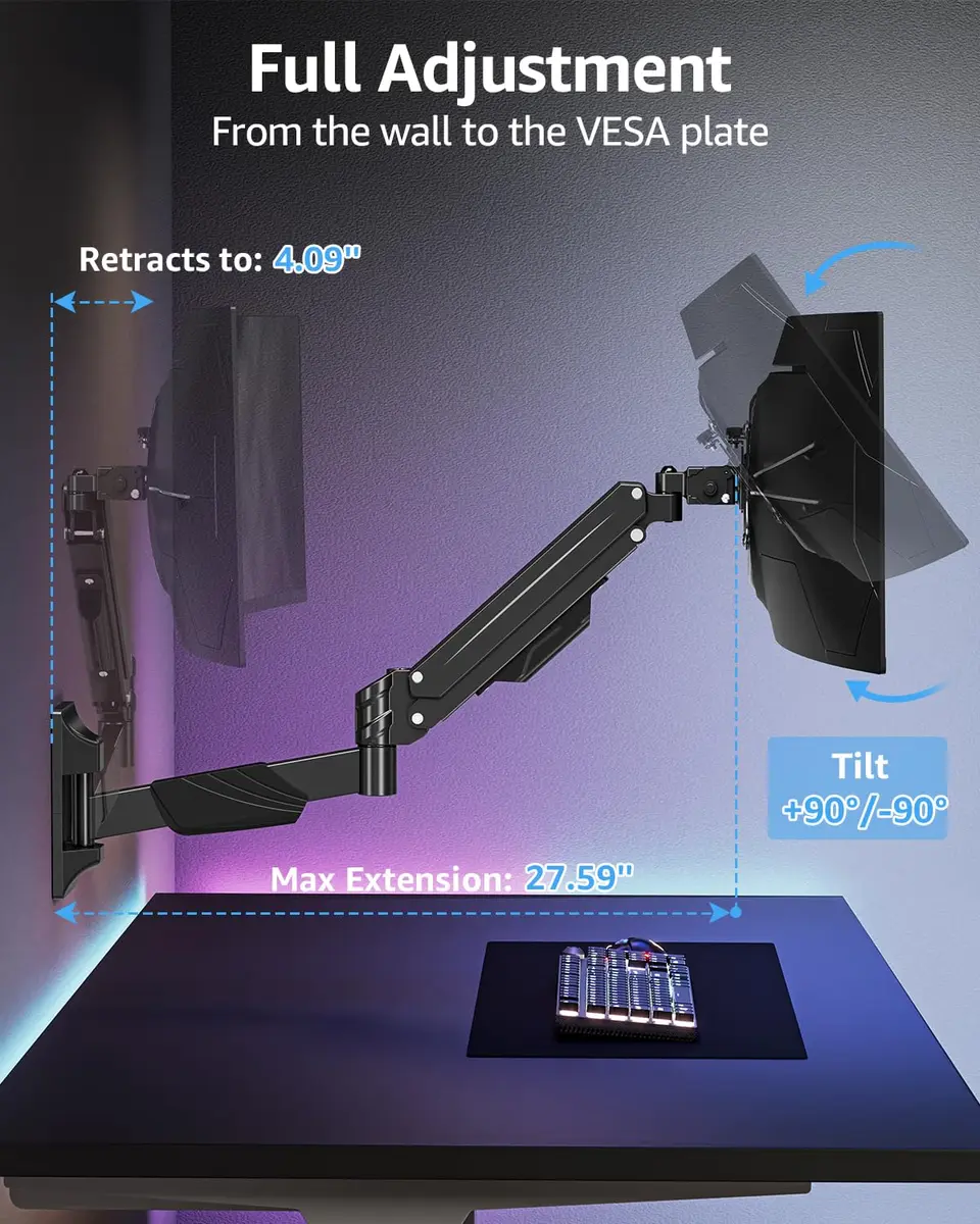 MOUNTUP Heavy Duty Monitor Wall Mount for 22-43 Inch Curved Screens | Supports 2.2-33.1 lbs, VESA 75x75 to 200x200 mm, Black - view 3