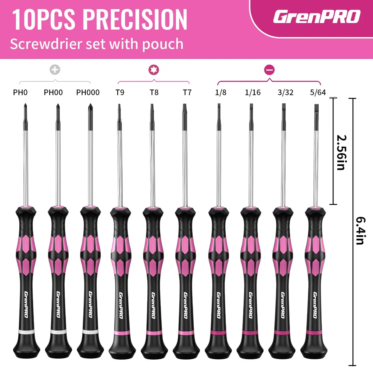 GRENPRO Pink Precision Screwdriver Set | Magnetic Small Drivers for Eyeglass, Watch, Phone, Laptop - view 6