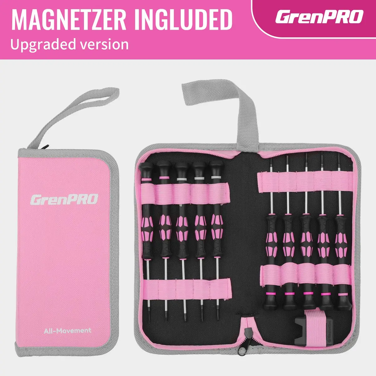GRENPRO Pink Precision Screwdriver Set | Magnetic Small Drivers for Eyeglass, Watch, Phone, Laptop - view 2