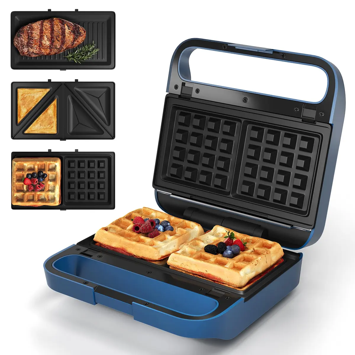 SUNVIVI 3 in 1 Electric Sandwich Maker with Removable Nonstick Plates | 850W, Blue - main product image