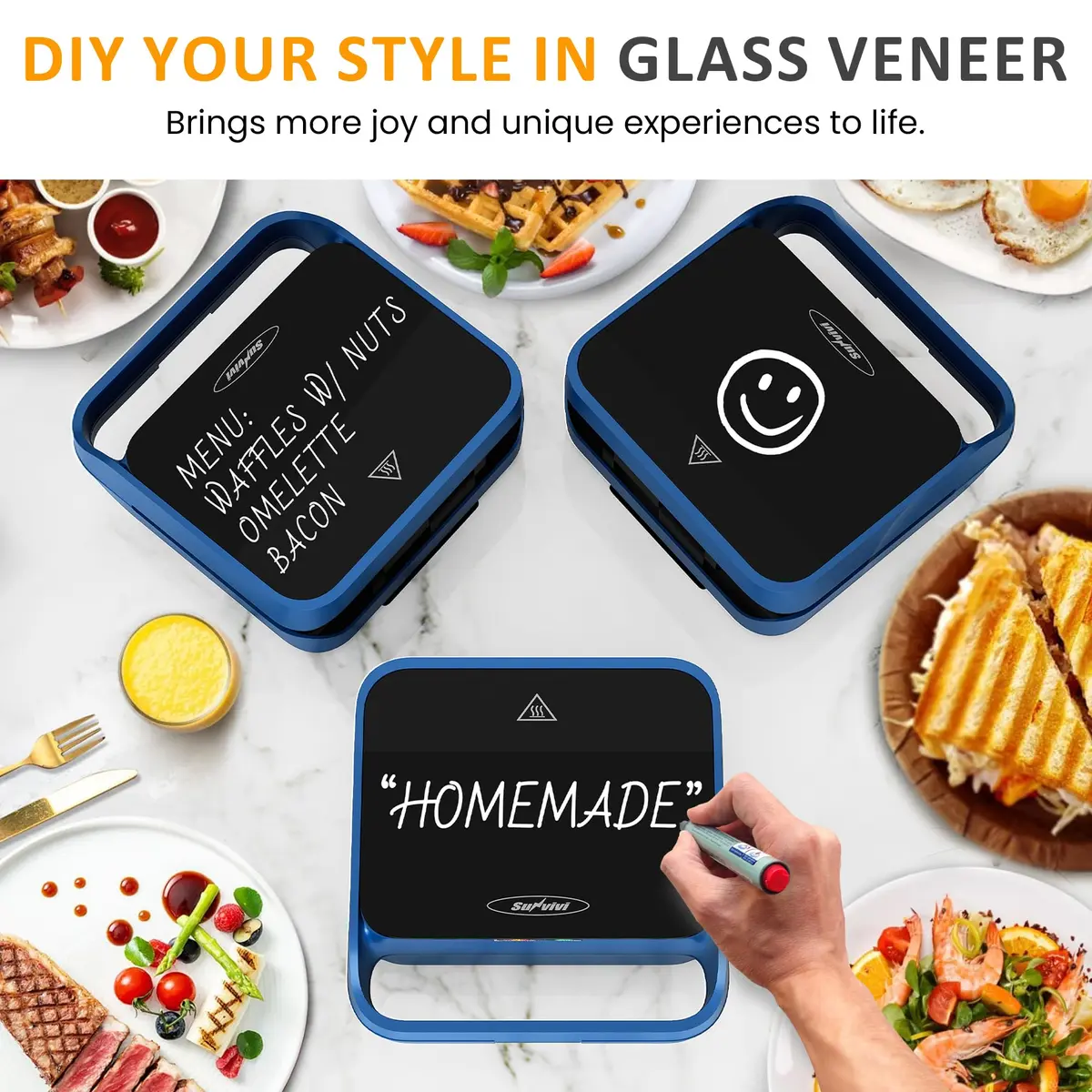 SUNVIVI 3 in 1 Electric Sandwich Maker with Removable Nonstick Plates | 850W, Blue - view 7