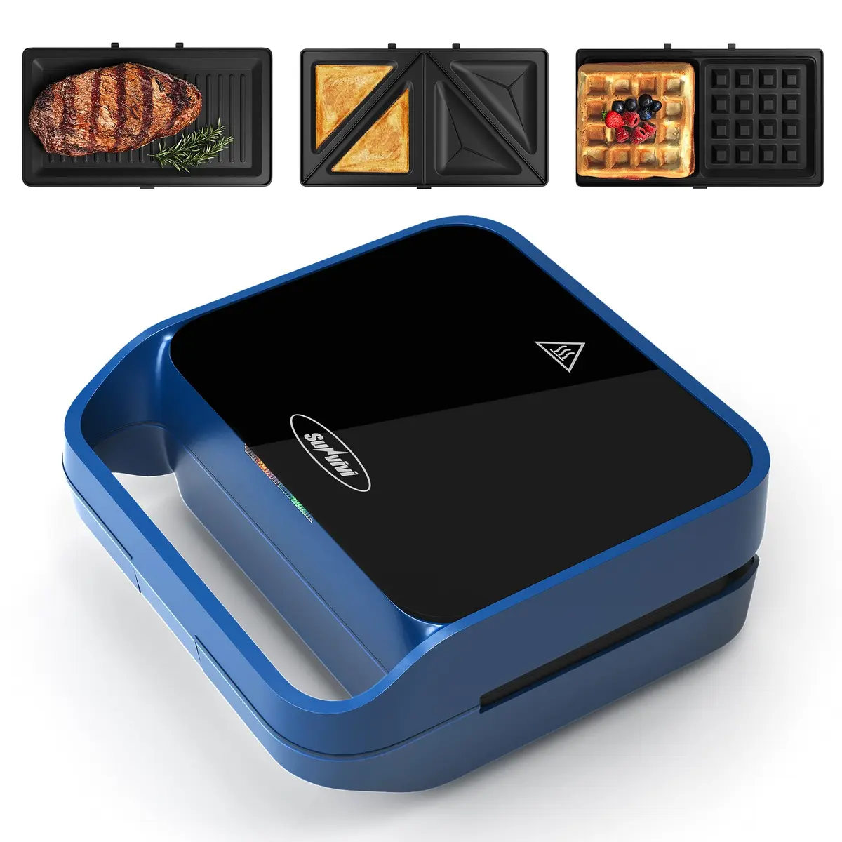 SUNVIVI 3 in 1 Electric Sandwich Maker with Removable Nonstick Plates | 850W, Blue - view 9