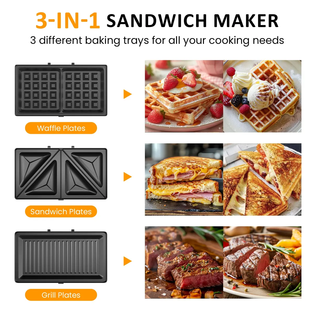 SUNVIVI 3 in 1 Electric Sandwich Maker with Removable Nonstick Plates | 850W, Blue - view 3