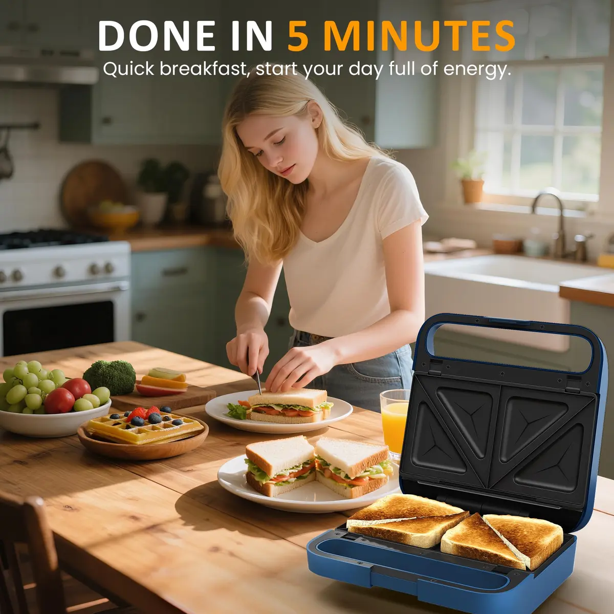 SUNVIVI 3 in 1 Electric Sandwich Maker with Removable Nonstick Plates | 850W, Blue - view 4