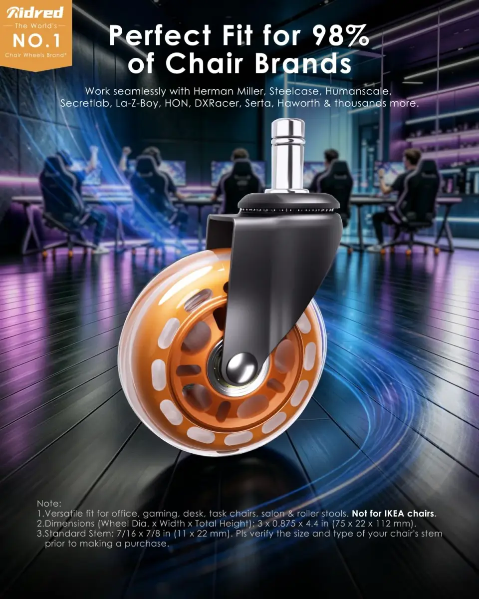 RidRed Orange Heavy-Duty Office Chair Wheels | 7.6 cm (3 Inch) Rollerblade Casters, 5-Pack, Noise-Free, Universal Fit - view 2
