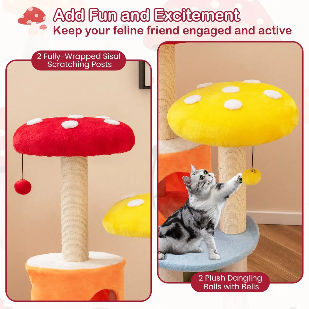 PETSITE Mushroom Cat Tree 43 Inch | Multi-Level Cat Tower with Sisal Posts & Plush Perches - view 6