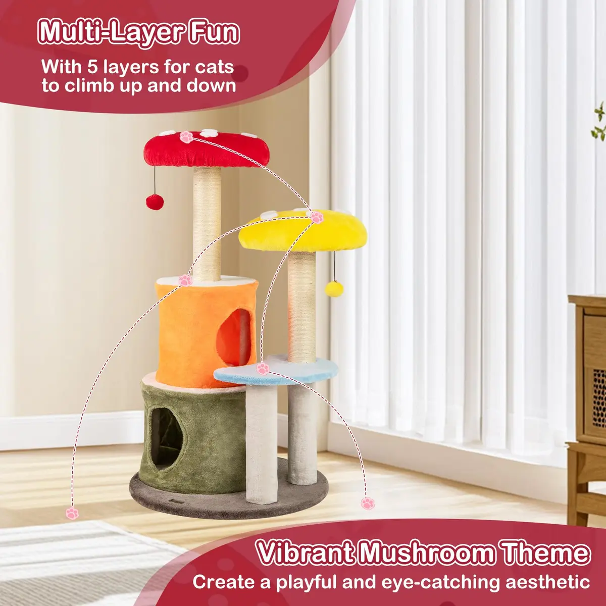 PETSITE Mushroom Cat Tree 43 Inch | Multi-Level Cat Tower with Sisal Posts & Plush Perches - view 8