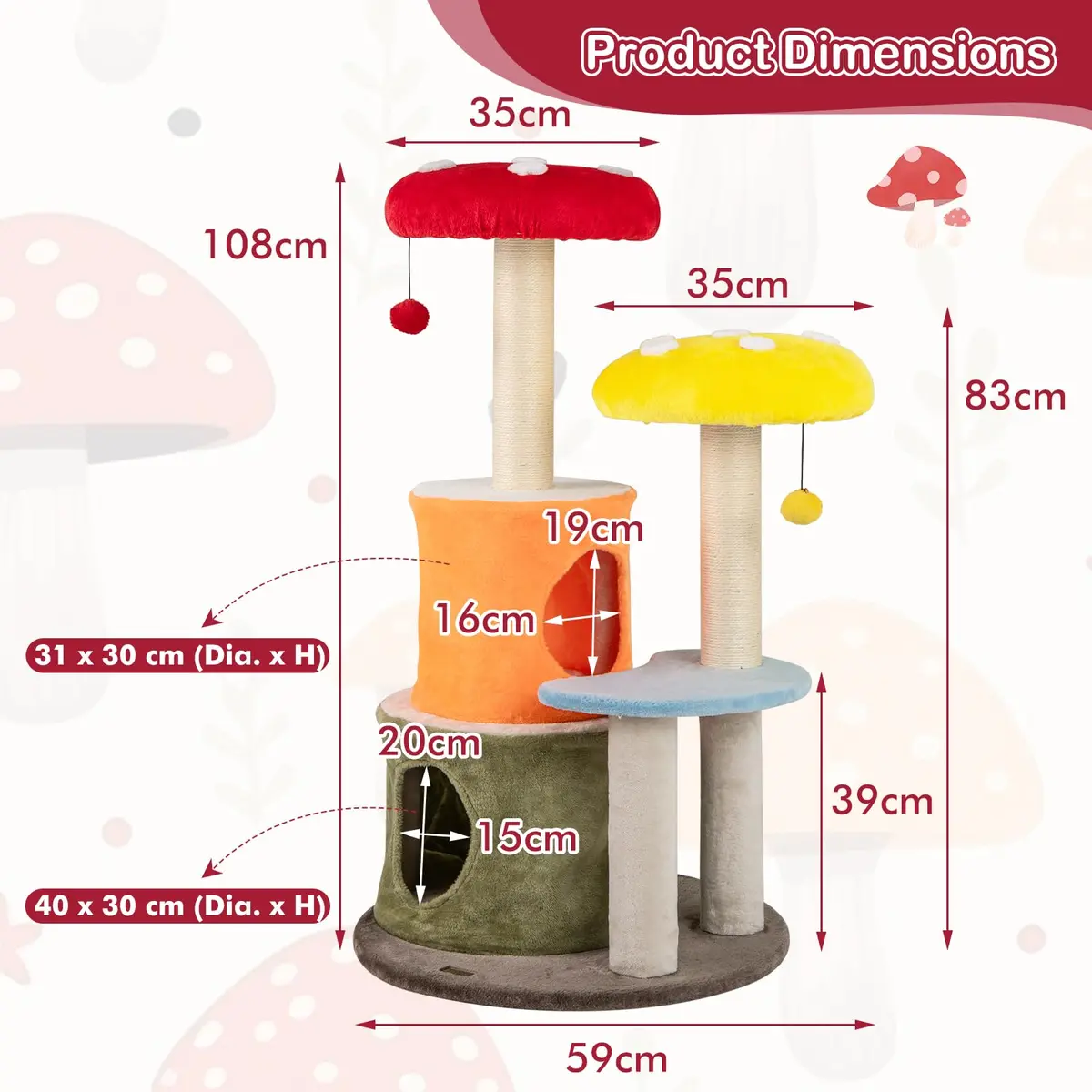 PETSITE Mushroom Cat Tree 43 Inch | Multi-Level Cat Tower with Sisal Posts & Plush Perches - view 9
