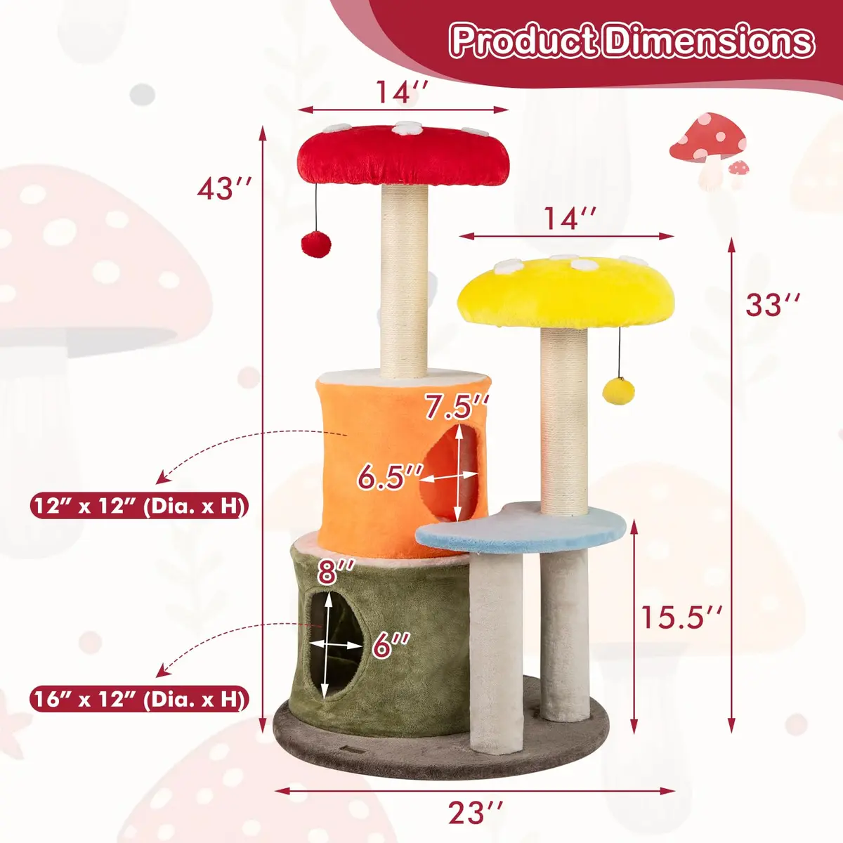 PETSITE Mushroom Cat Tree 43 Inch | Multi-Level Cat Tower with Sisal Posts & Plush Perches - view 3