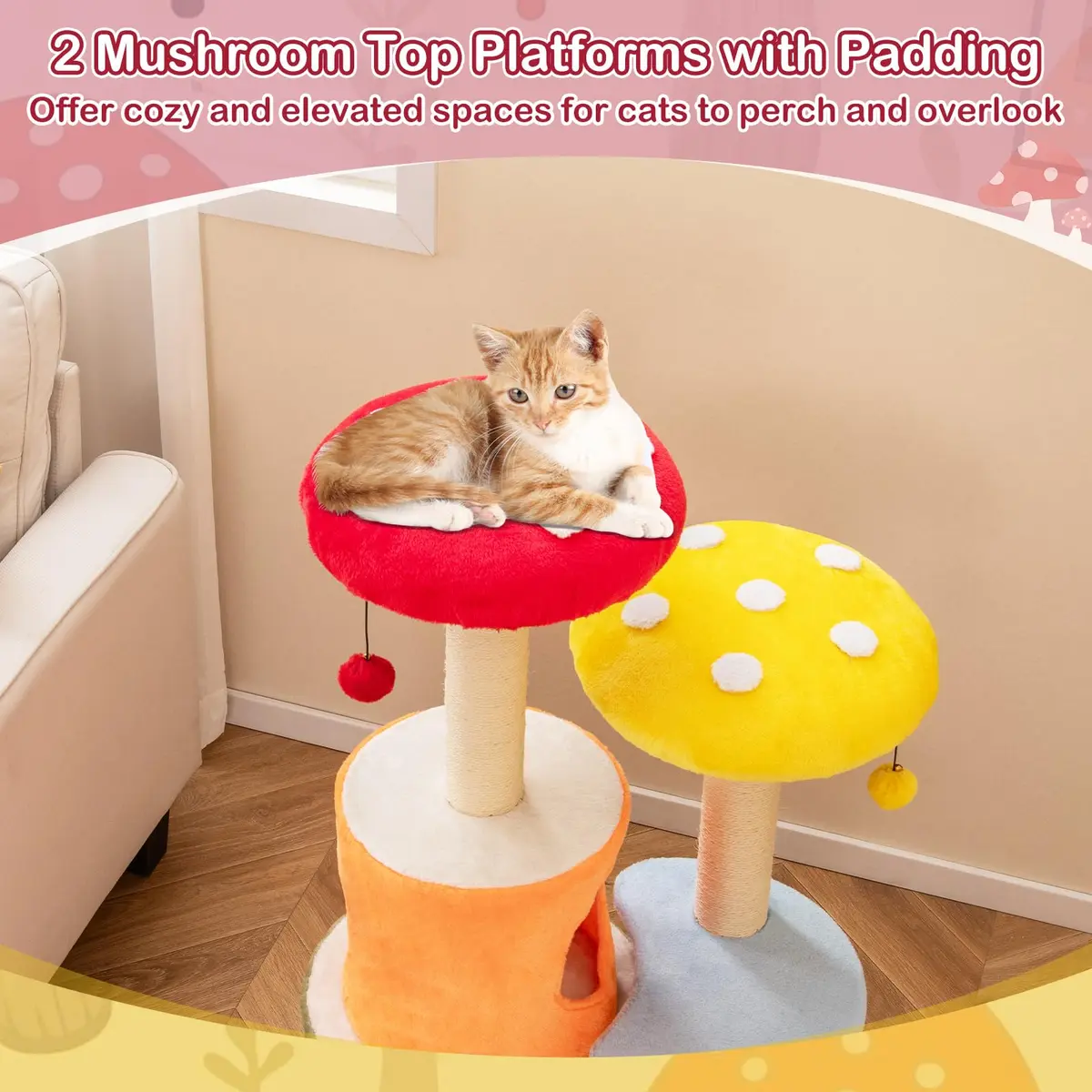 PETSITE Mushroom Cat Tree 43 Inch | Multi-Level Cat Tower with Sisal Posts & Plush Perches - view 4
