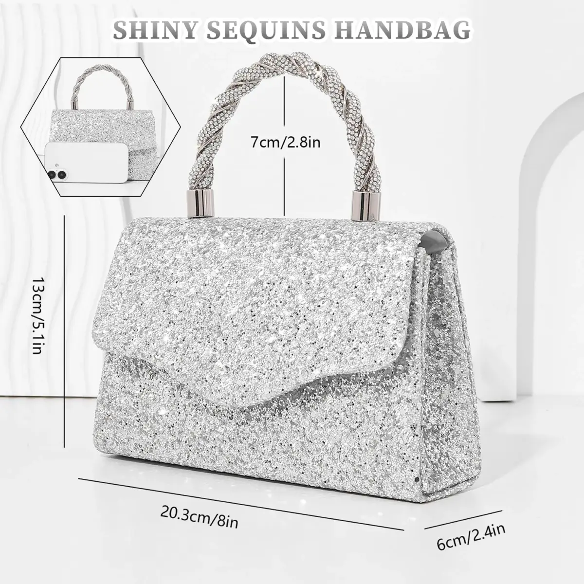 JIAN YA NA Women's Sequins Evening Bag with Round Top Handle & Detachable Chain | 21 cm (8") - view 5