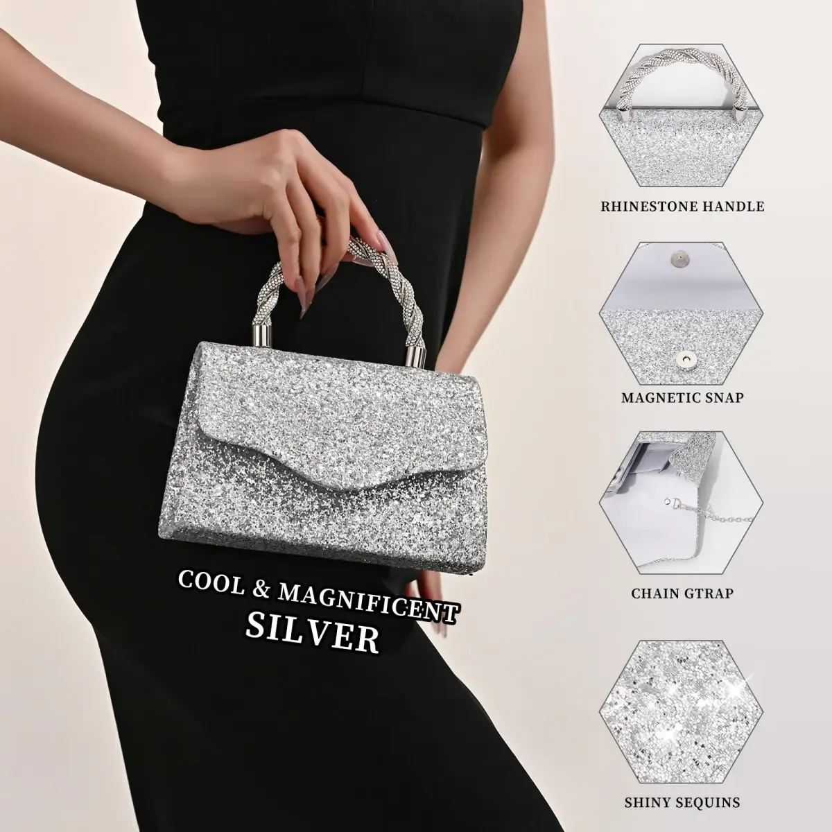 JIAN YA NA Women's Sequins Evening Bag with Round Top Handle & Detachable Chain | 21 cm (8") - view 4