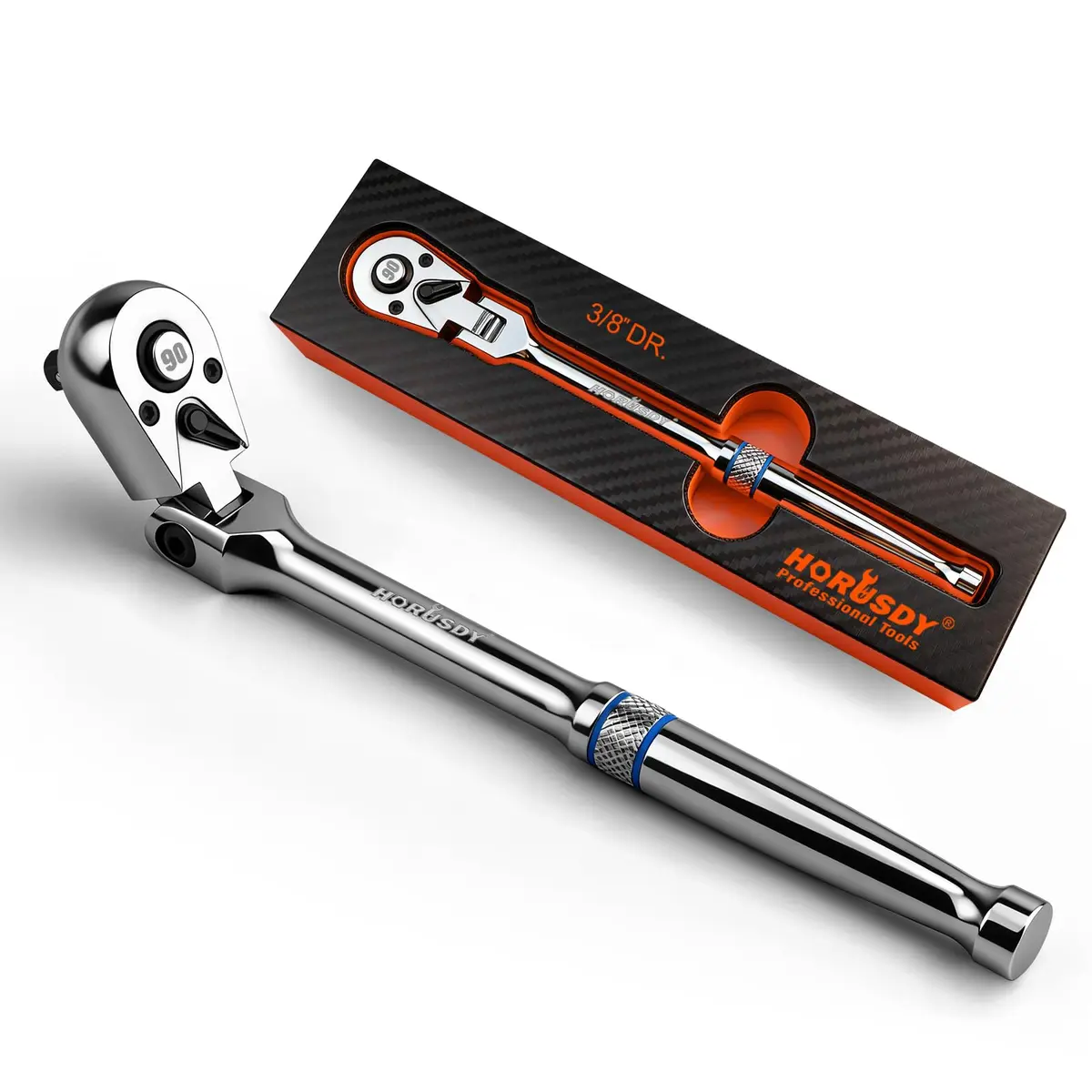 HORUSDY 3/8" Drive 90-Tooth Flex Head Ratchet Handle, 180° Adjustable CR-V Ratchet with Quick Release & Reversible Switch, 4° Swing Arc Socket Wrench for Automotive, Bike & DIY Repair | Heavy-Duty CR-V Steel - main product image