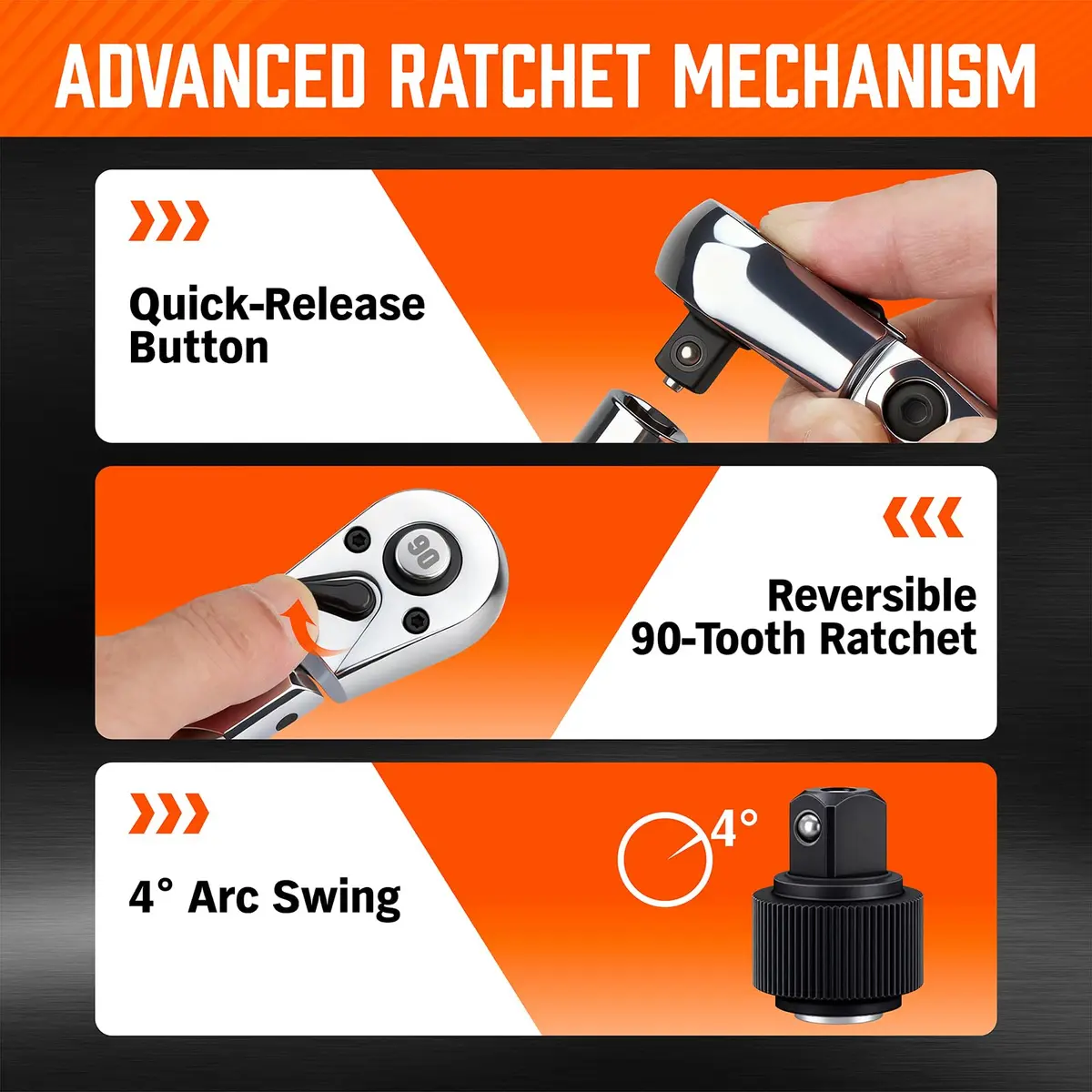 HORUSDY 3/8" Drive 90-Tooth Flex Head Ratchet Handle, 180° Adjustable CR-V Ratchet with Quick Release & Reversible Switch, 4° Swing Arc Socket Wrench for Automotive, Bike & DIY Repair | Heavy-Duty CR-V Steel - view 5