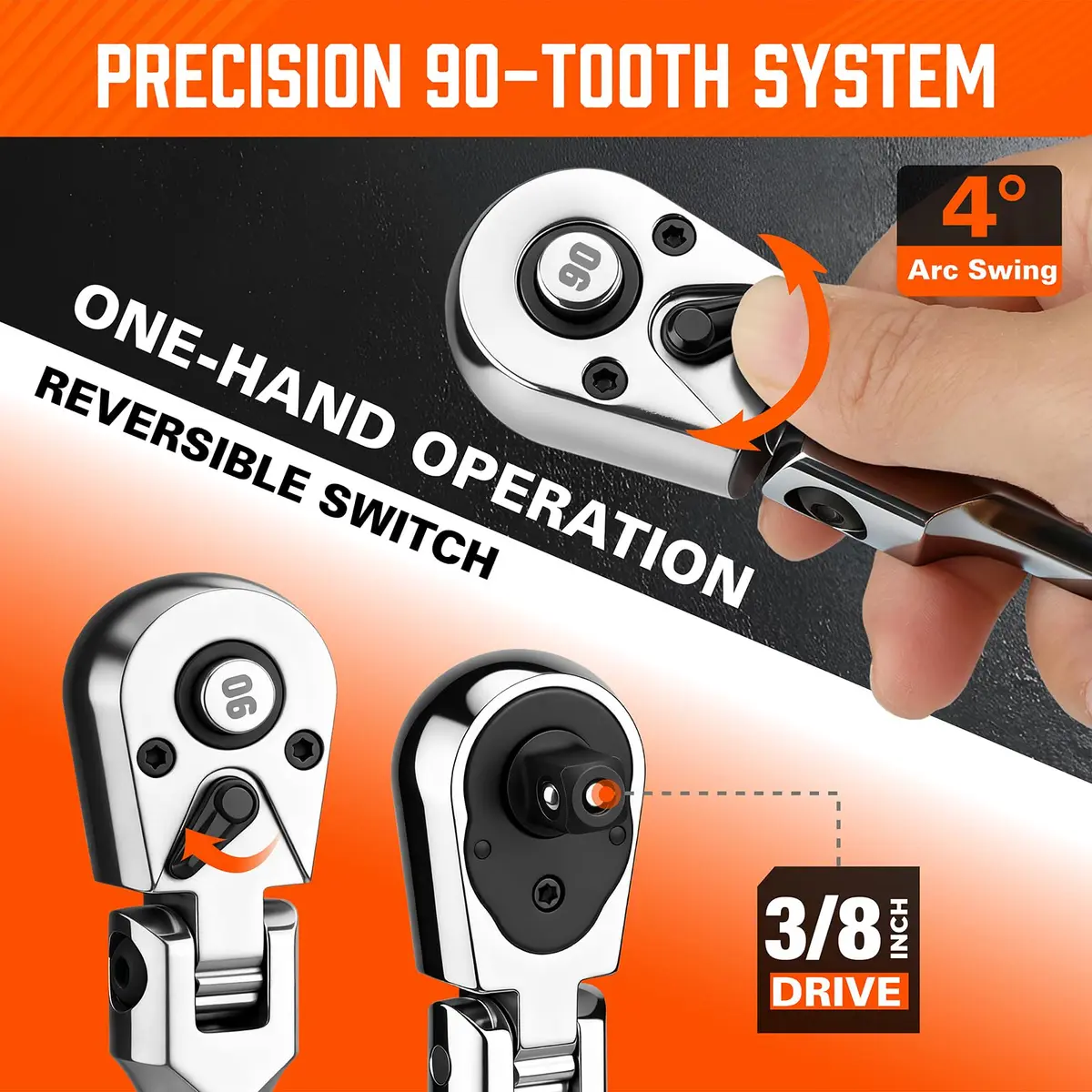 HORUSDY 3/8" Drive 90-Tooth Flex Head Ratchet Handle, 180° Adjustable CR-V Ratchet with Quick Release & Reversible Switch, 4° Swing Arc Socket Wrench for Automotive, Bike & DIY Repair | Heavy-Duty CR-V Steel - view 6