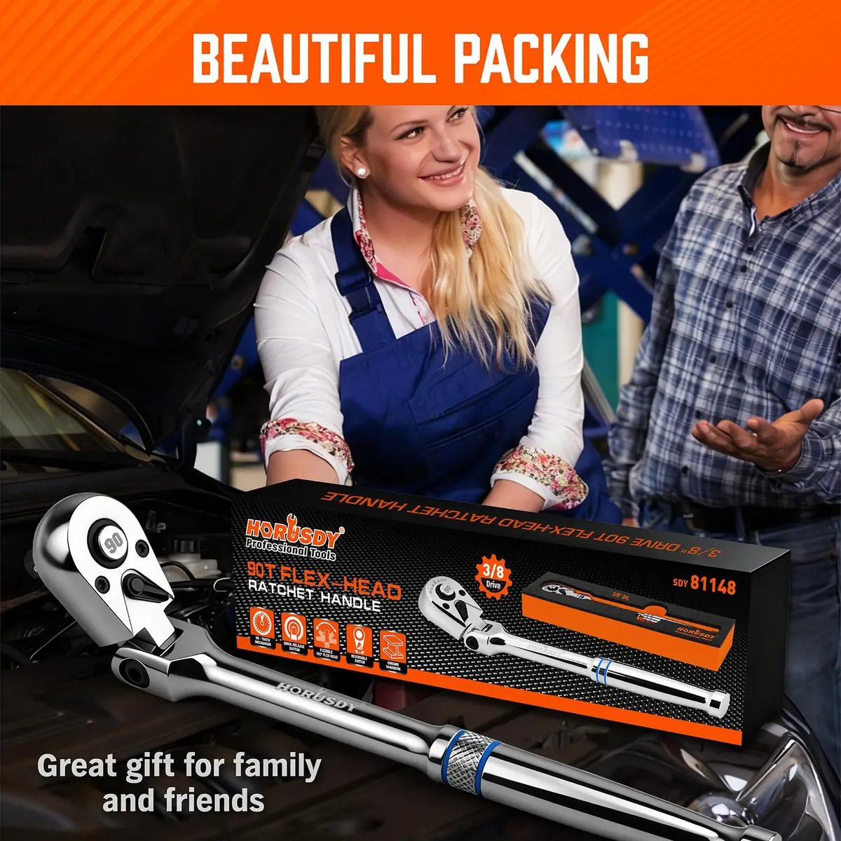 HORUSDY 3/8" Drive 90-Tooth Flex Head Ratchet Handle, 180° Adjustable CR-V Ratchet with Quick Release & Reversible Switch, 4° Swing Arc Socket Wrench for Automotive, Bike & DIY Repair | Heavy-Duty CR-V Steel - view 8