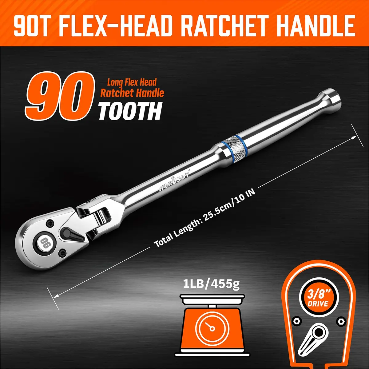 HORUSDY 3/8" Drive 90-Tooth Flex Head Ratchet Handle, 180° Adjustable CR-V Ratchet with Quick Release & Reversible Switch, 4° Swing Arc Socket Wrench for Automotive, Bike & DIY Repair | Heavy-Duty CR-V Steel - view 2