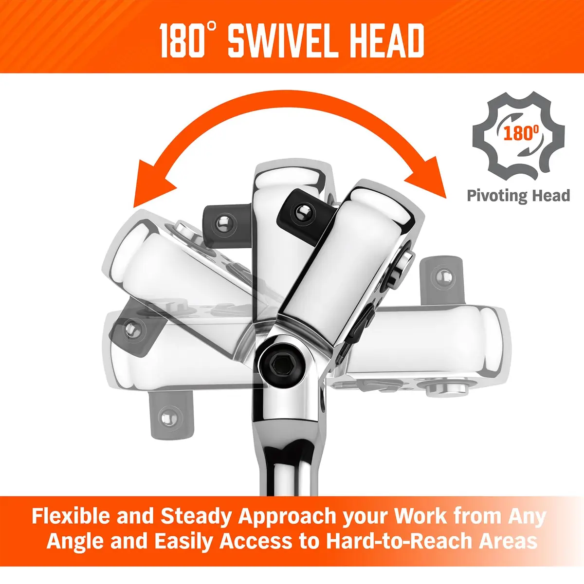 HORUSDY 3/8" Drive 90-Tooth Flex Head Ratchet Handle, 180° Adjustable CR-V Ratchet with Quick Release & Reversible Switch, 4° Swing Arc Socket Wrench for Automotive, Bike & DIY Repair | Heavy-Duty CR-V Steel - view 3
