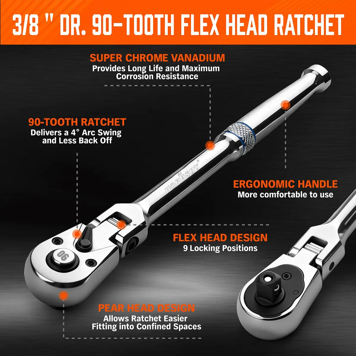 HORUSDY 3/8" Drive 90-Tooth Flex Head Ratchet Handle, 180° Adjustable CR-V Ratchet with Quick Release & Reversible Switch, 4° Swing Arc Socket Wrench for Automotive, Bike & DIY Repair | Heavy-Duty CR-V Steel - view 4