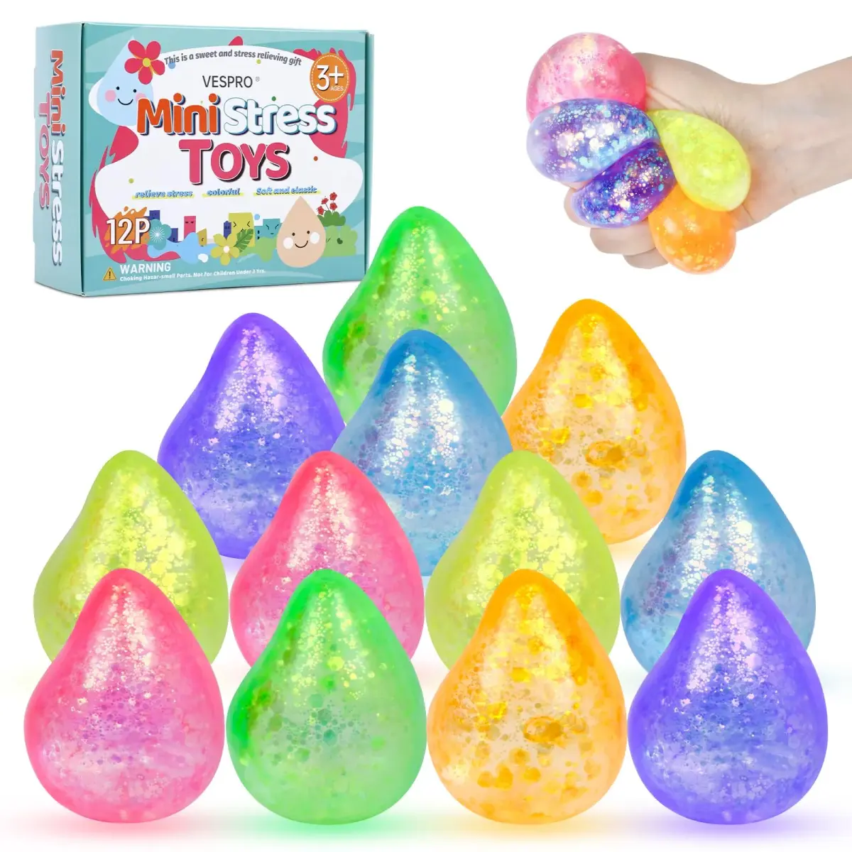 VESPRO 12 Pack Fidget Stress Balls 4.1cm (1.6in) | Non-Toxic, BPA-Free, ASTM-Tested - main product image