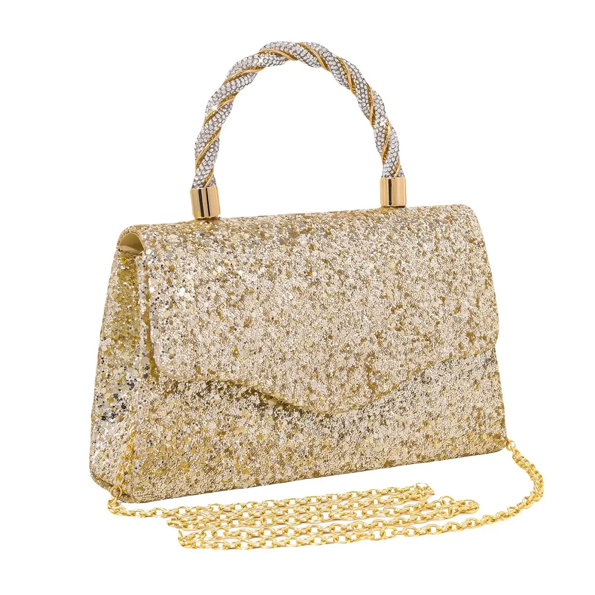 JIAN YA NA Rhinestone Trihedral Clutch Evening Bag - Square Sequins Gold - main product image