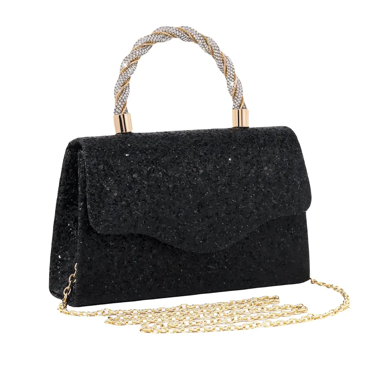 JIAN YA NA Rhinestone Trihedral Clutch Evening Bag - Square Sequins Black - main product image