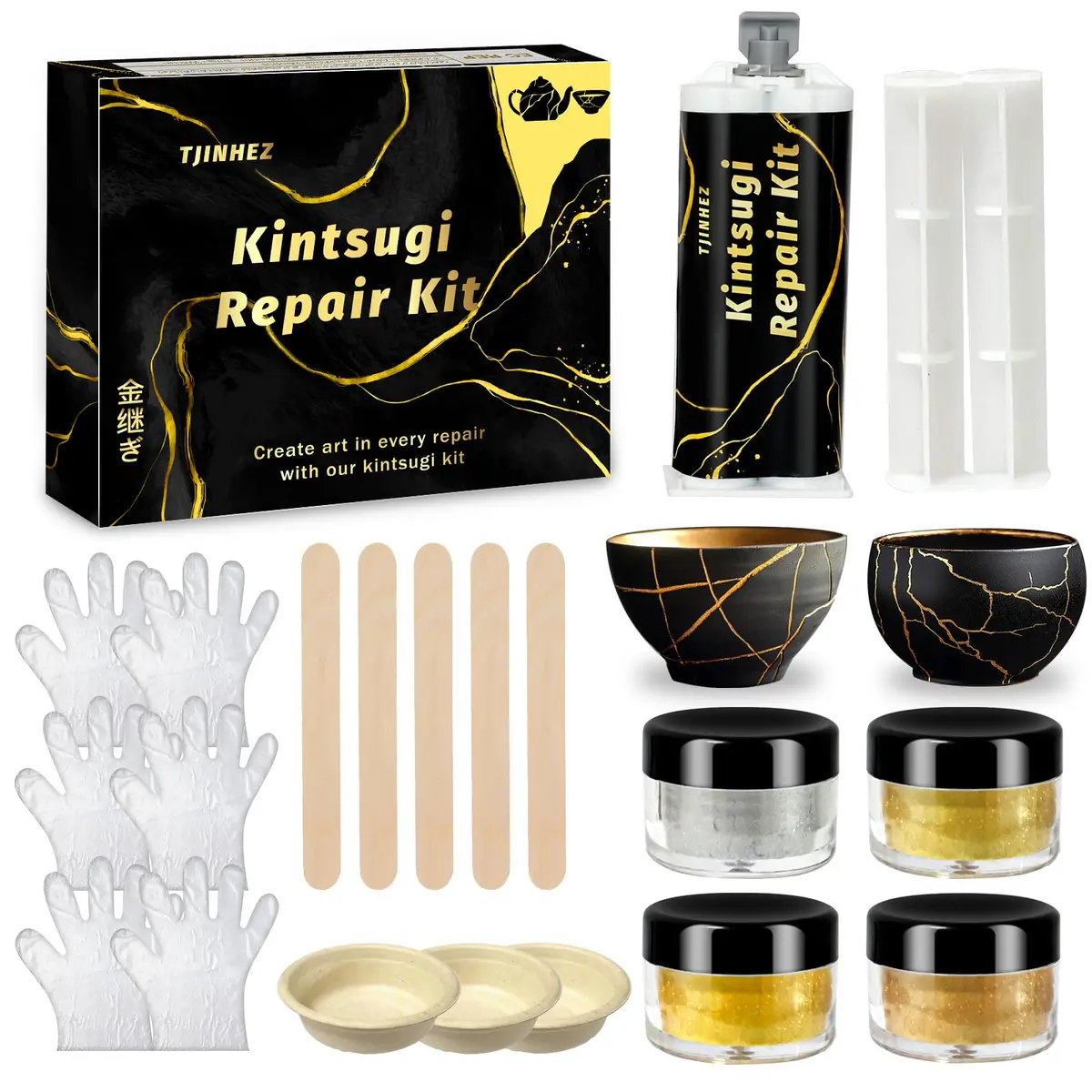 TJINHEZ Kintsugi Repair Kit | Food Safe Gold & Silver for Ceramics (Complete Set) - main product image