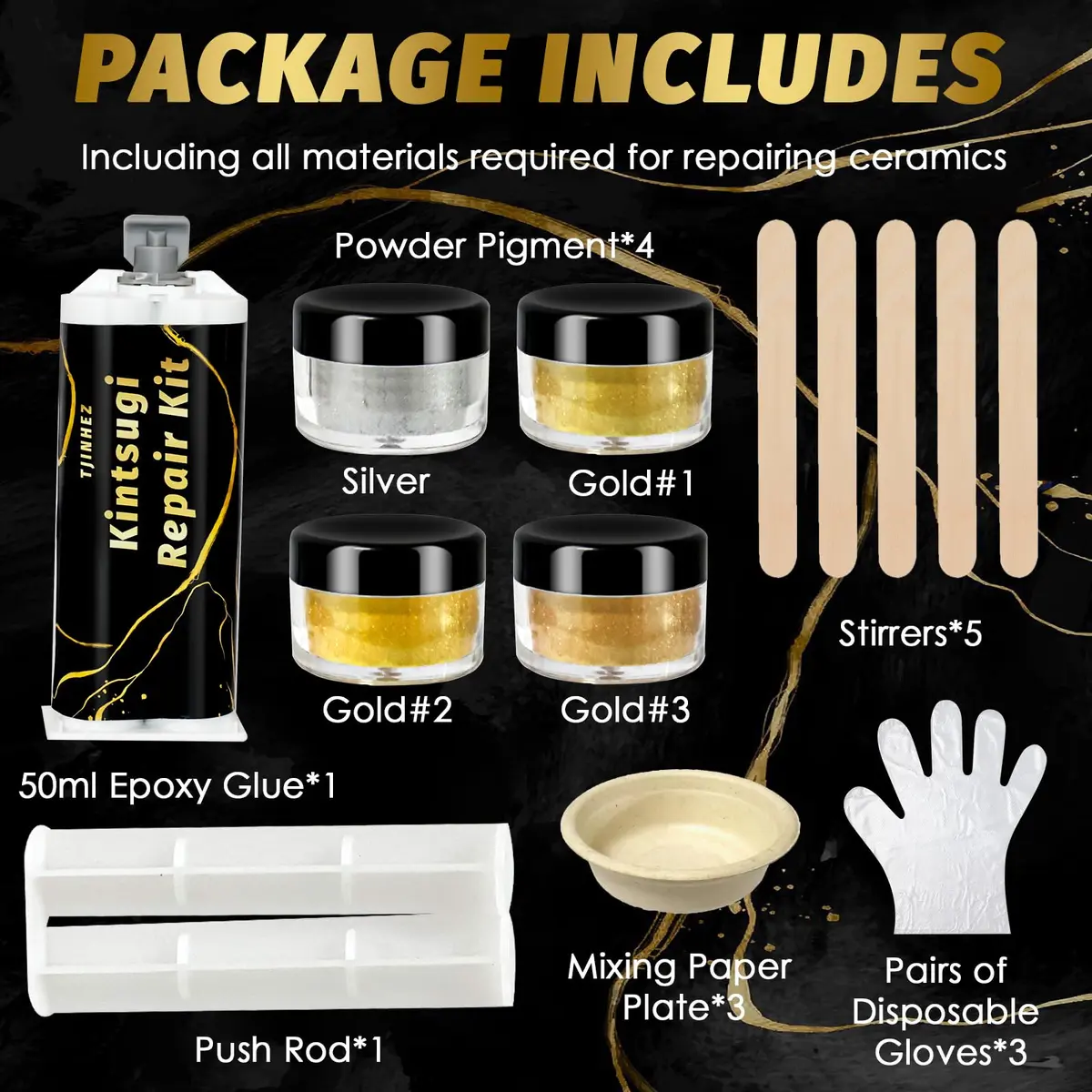 TJINHEZ Kintsugi Repair Kit | Food Safe Gold & Silver for Ceramics (Complete Set) - view 2