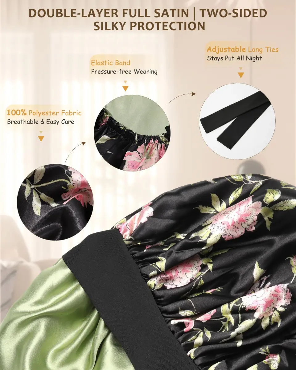 AWAYTR Long Double Layer Satin Bonnet for Braids - Black Flower+green - view 3