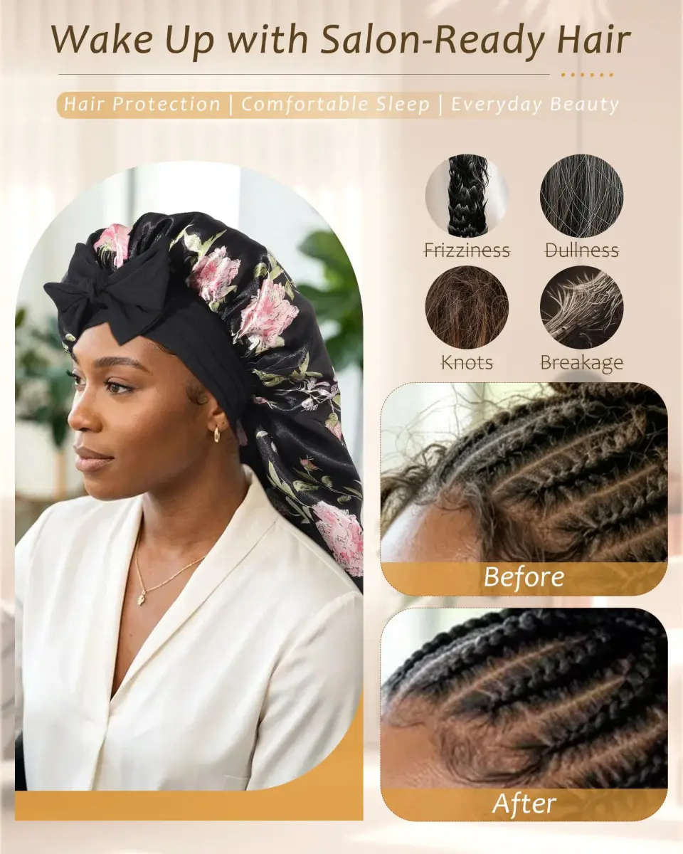 AWAYTR Long Double Layer Satin Bonnet for Braids - Black Flower+green - view 4