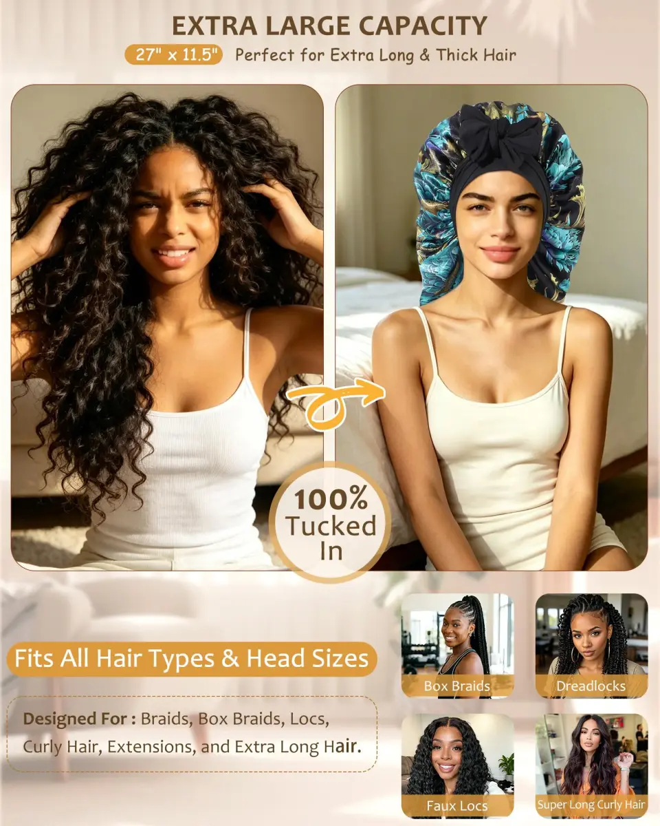 AWAYTR Extra Long Satin Bonnet for Braids - Print+Black Double Layer with Straps - view 2