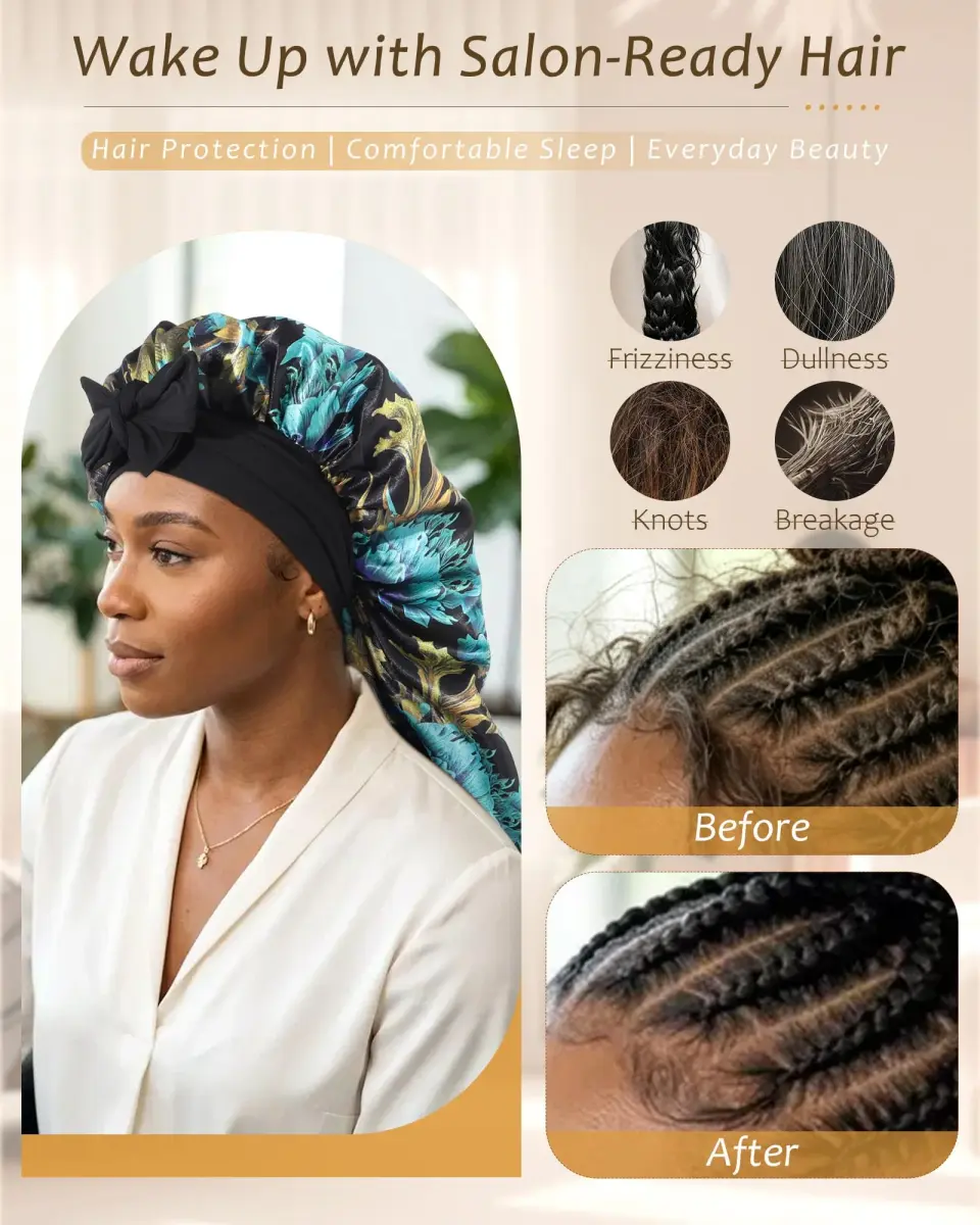 AWAYTR Extra Long Satin Bonnet for Braids - Print+Black Double Layer with Straps - view 4