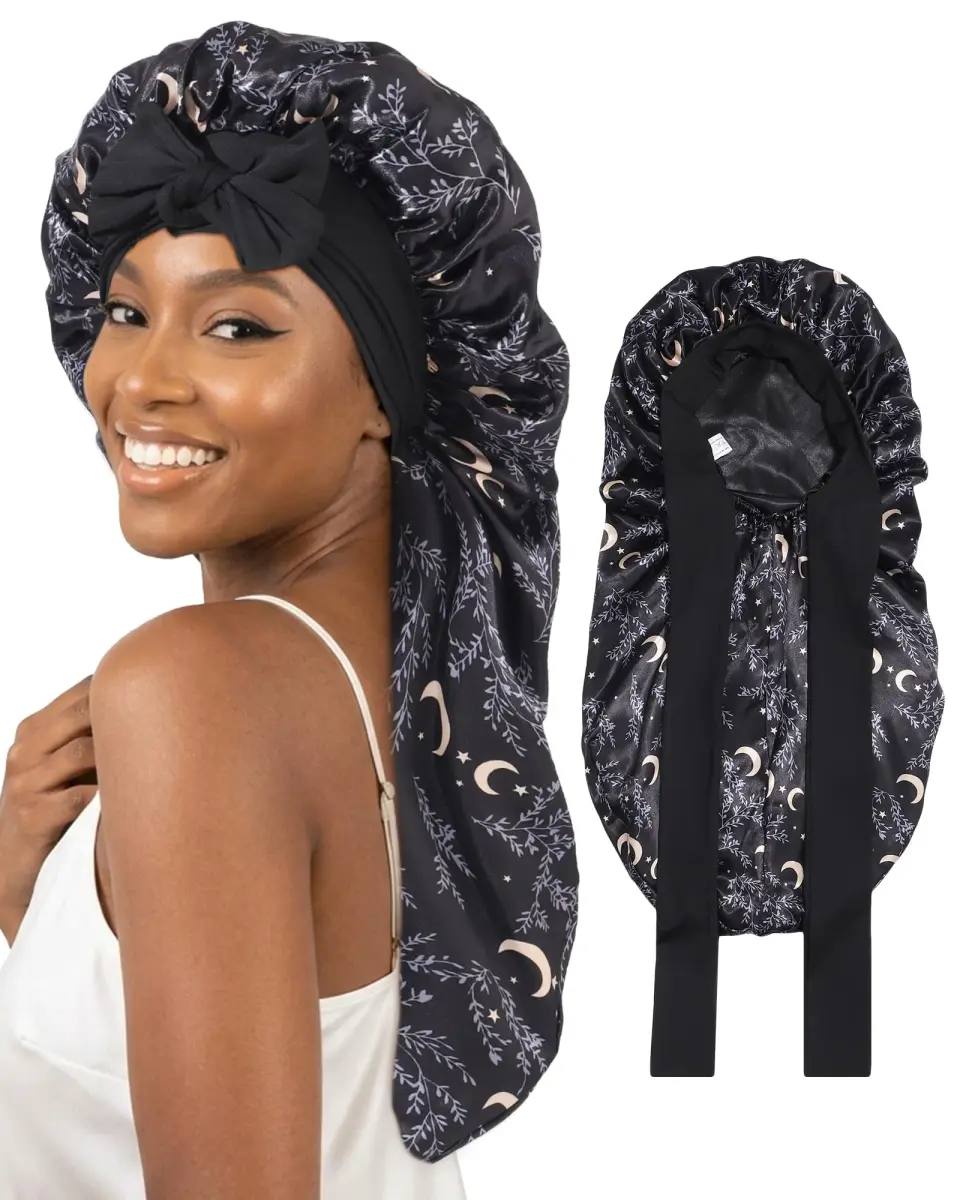 AWAYTR Long Satin Bonnet for Braids - Star and Moon+black Double Layer Hair Bonnet with Straps - main product image