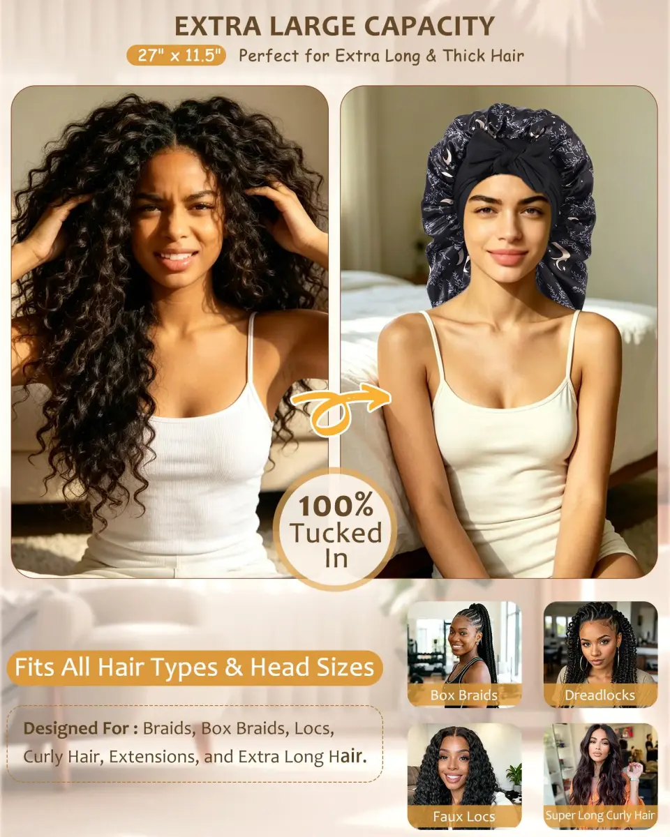 AWAYTR Long Satin Bonnet for Braids - Star and Moon+black Double Layer Hair Bonnet with Straps - view 2