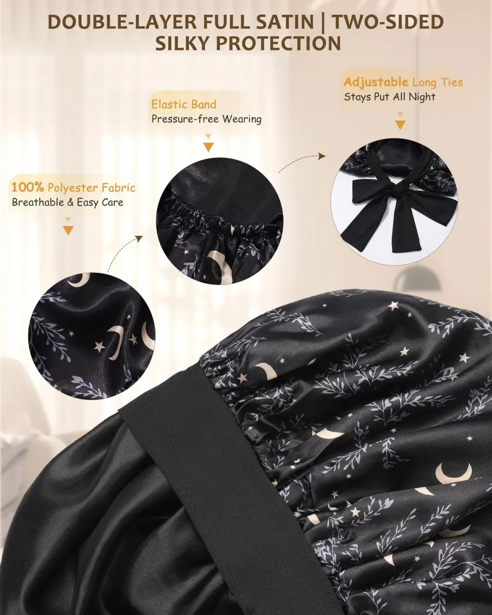 AWAYTR Long Satin Bonnet for Braids - Star and Moon+black Double Layer Hair Bonnet with Straps - view 3