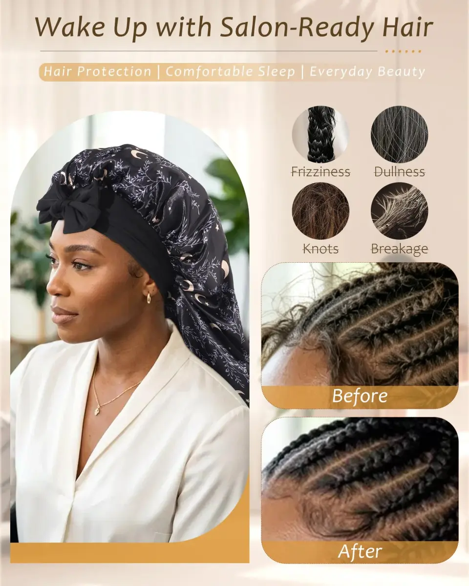 AWAYTR Long Satin Bonnet for Braids - Star and Moon+black Double Layer Hair Bonnet with Straps - view 4